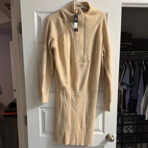 Fashion Nova Tan Ribbed Half-Zip Long Sleeve Knit Dress